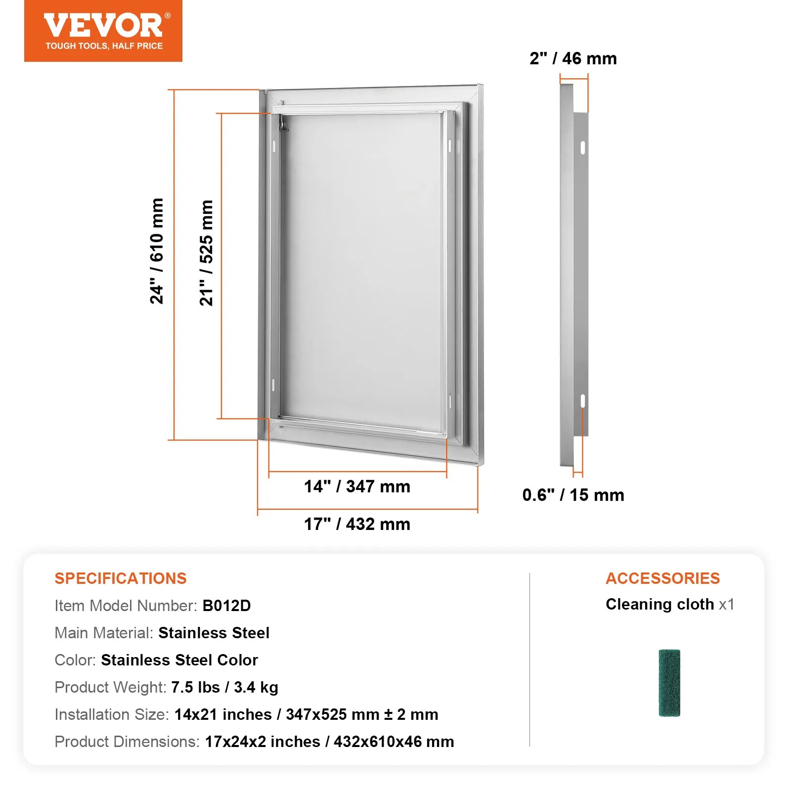 Nerezové prístupové dvierka - jednoduché, zapustené, zvislé nástenné, s výsuvnou rukoväťou, rozmery 432 x 610 mm, pre grilovací ostrovček, stanicu a vonkajšiu skrinku – Obrázok 6