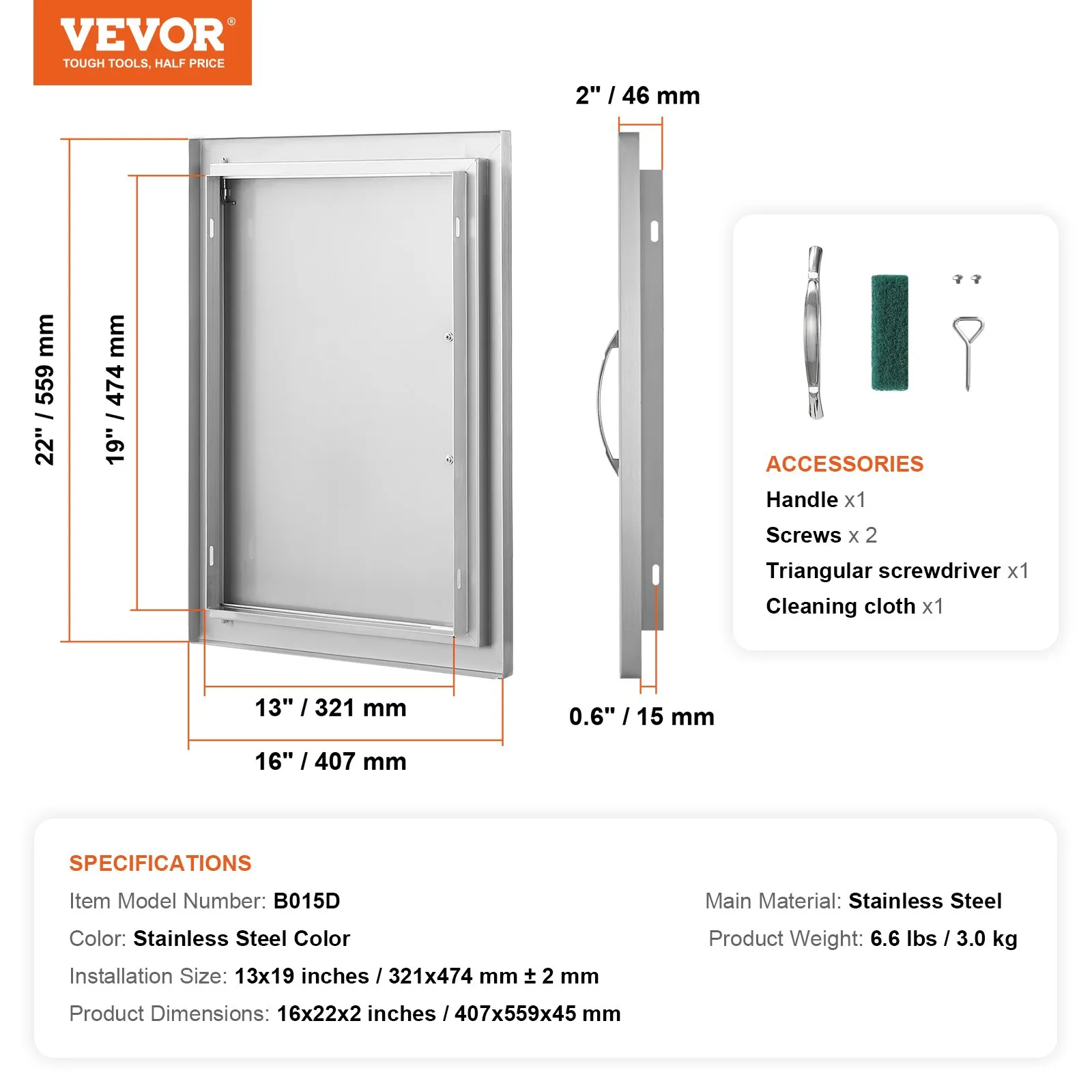 Nerezové prístupové dvierka - jednoduché, zapustené, zvislé nástenné, s úchytkou, rozmery 407 x 559 x 46 mm, pre grilovací ostrovček, stanicu a vonkajšiu skrinku – Obrázok 4