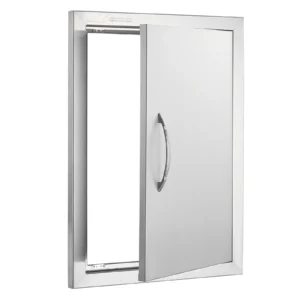 Nerezové prístupové dvierka - jednoduché, zapustené, zvislé nástenné, s úchytkou, rozmery 407 x 559 x 46 mm, pre grilovací ostrovček, stanicu a vonkajšiu skrinku
