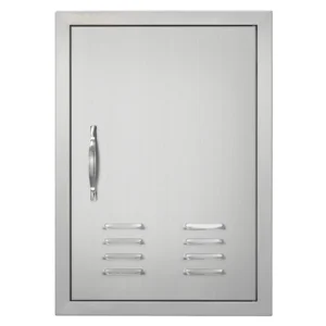 Nerezové prístupové dvierka - jednoduché, zapustené, zvislé nástenné, s kľučkou, s vetracími otvormi a háčikmi, rozmery 610 x 431 mm, pre grilovací ostrovček a stanicu