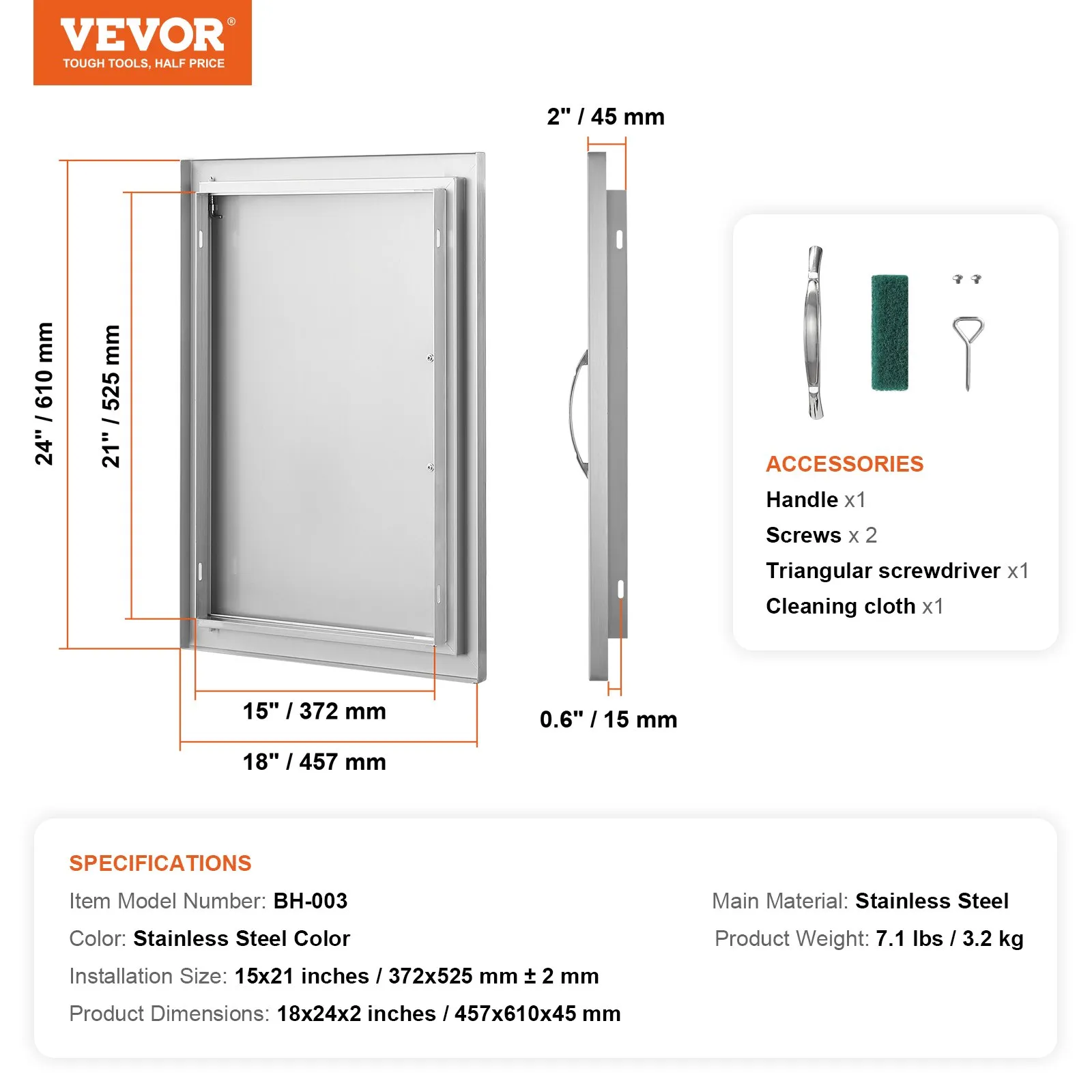Nerezové prístupové dvierka - jednoduché, zapustené, zvislé nástenné, s úchytkou, rozmery 457 x 610 x 45 mm, pre grilovací ostrovček, stanicu a vonkajšiu skrinku – Obrázok 4