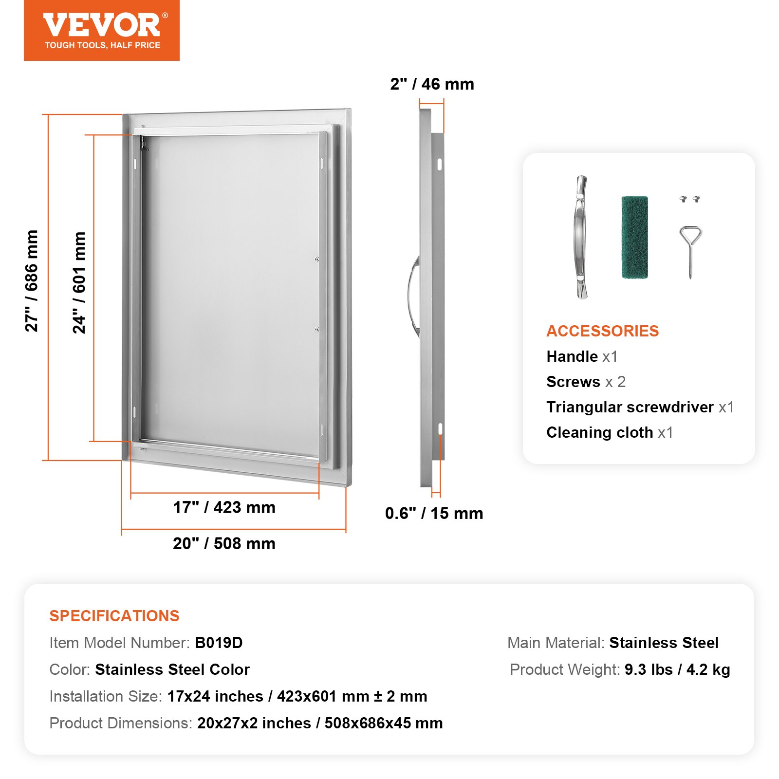 Nerezové prístupové dvierka - jednoduché, zapustené, zvislé nástenné, s úchytkou, rozmery 508 x 686 mm, pre grilovací ostrovček, stanicu a vonkajšiu skrinku – Obrázok 4
