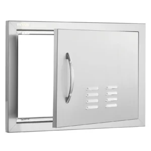 Nerezové prístupové dvierka - jednoduché, zapustené, zvislé nástenné, s úchytkou a vetracími otvormi, rozmery 508 x 356 mm, pre grilovací ostrovček, stanicu a vonkajšiu skrinku