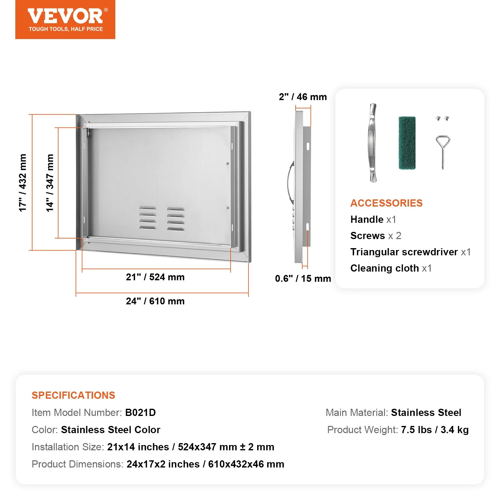 Nerezové prístupové dvierka - jednoduché, zapustené, zvislé nástenné, s rukoväťou a vetracími otvormi, rozmery 610 x 432 mm, pre grilovací ostrovček, stanicu a vonkajšiu skrinku – Obrázok 2