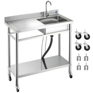 Nerezový voľne stojaci drez s ľavou pracovnou doskou – rozmer 1000 x 500 x 1055 mm, vrátane batérie a koliesok, vhodný do garáže, reštaurácie, práčovne alebo exteriéru