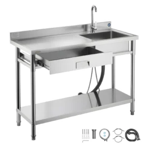 Nerezový voľne stojaci drez s ľavou pracovnou doskou – rozmer 120 x 50 x 94 cm, vrátane batérie a zásuvky, vhodný do garáže, reštaurácie, práčovne alebo exteriéru
