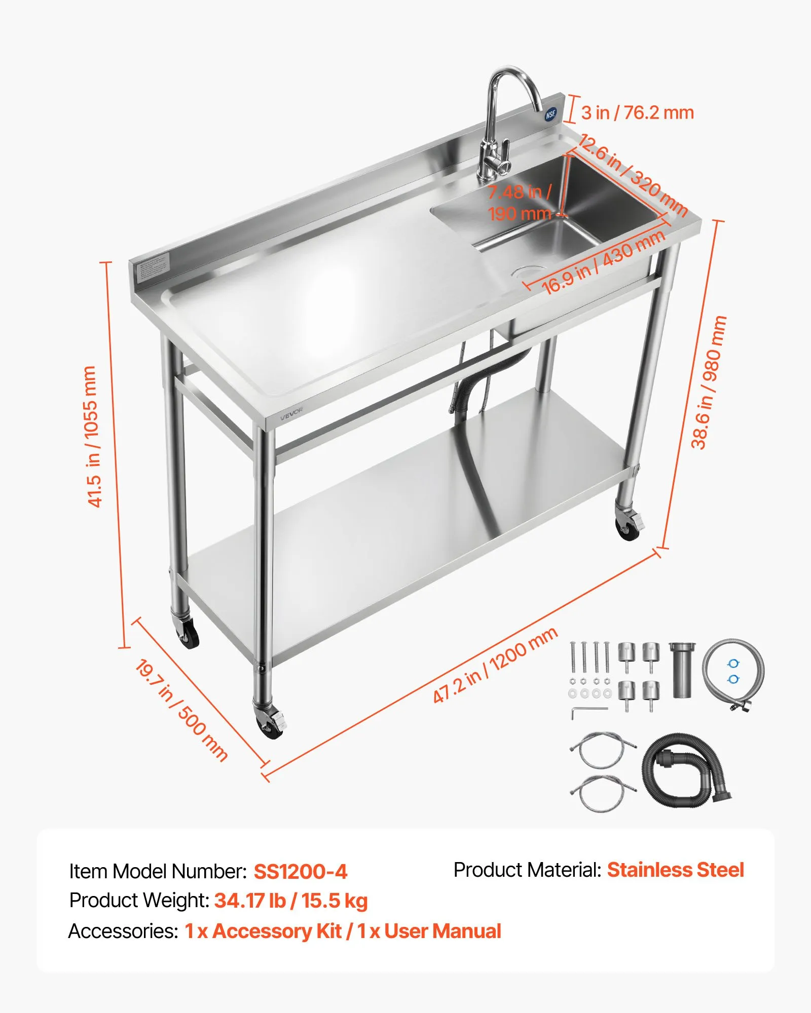 Nerezový voľne stojaci drez s ľavou pracovnou doskou – rozmer 1200 x 500 x 1055 mm, vrátane batérie a koliesok, vhodný do garáže, reštaurácie, práčovne alebo exteriéru – Obrázok 3