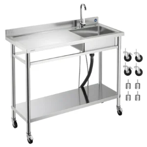 Nerezový voľne stojaci drez s ľavou pracovnou doskou – rozmer 1200 x 500 x 1055 mm, vrátane batérie a koliesok, vhodný do garáže, reštaurácie, práčovne alebo exteriéru