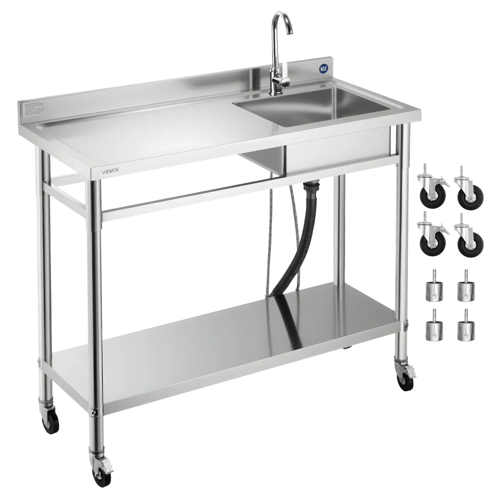 Nerezový voľne stojaci drez s ľavou pracovnou doskou – rozmer 1200 x 500 x 1055 mm, vrátane batérie a koliesok, vhodný do garáže, reštaurácie, práčovne alebo exteriéru