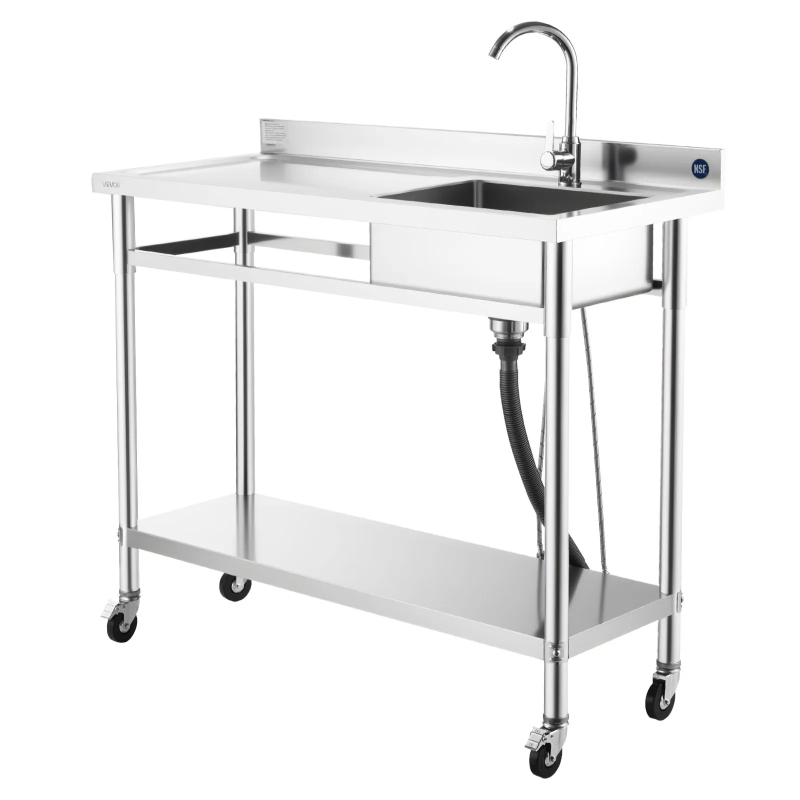 Nerezový voľne stojaci drez s ľavou pracovnou doskou – rozmer 1200 x 500 x 1055 mm, vrátane batérie a koliesok, vhodný do garáže, reštaurácie, práčovne alebo exteriéru – Obrázok 2