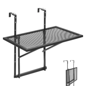 Skladací kovový balkónový stôl – závesný na vonkajšie zábradlie, rozmer 61x41 cm, 5-úrovňovo nastaviteľný pre zábradlia od 1 do 4,7 palca, vhodný na terasu a verandu