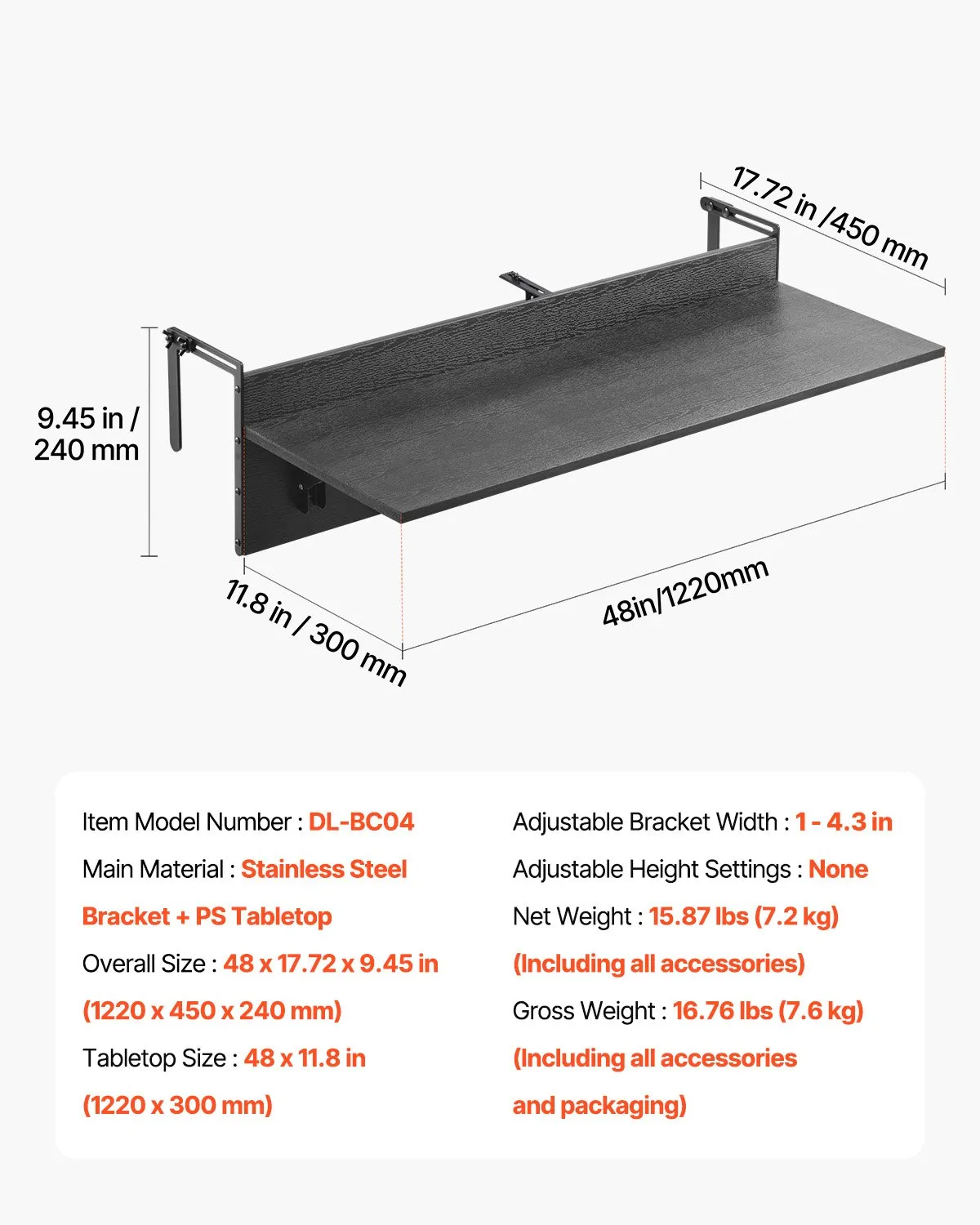 Skladací závesný balkónový stôl – na vonkajšie použitie, rozmer 1220x300 mm, nosnosť 22 kg, vhodný pre zábradlia od 2,54 do 10,92 cm, servírovací stôl na terasu a verandu – Obrázok 4