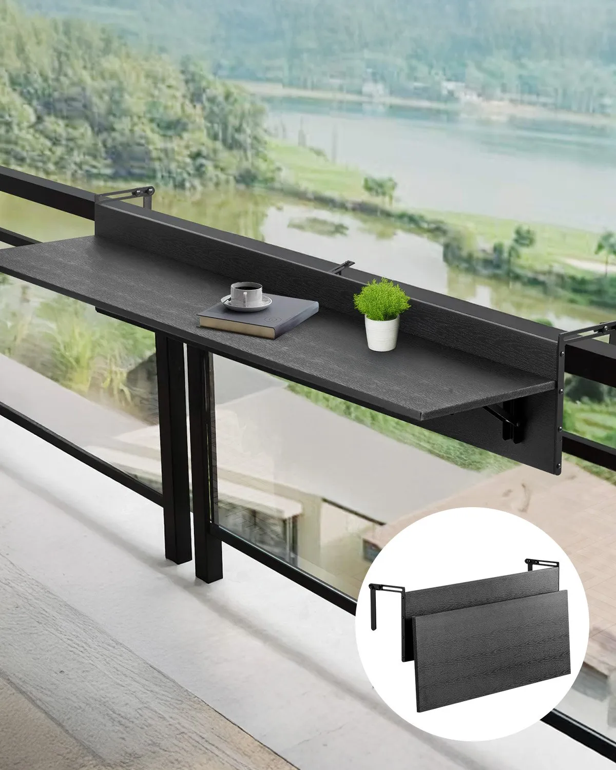 Skladací závesný balkónový stôl – na vonkajšie použitie, rozmer 1220x300 mm, nosnosť 22 kg, vhodný pre zábradlia od 2,54 do 10,92 cm, servírovací stôl na terasu a verandu – Obrázok 3