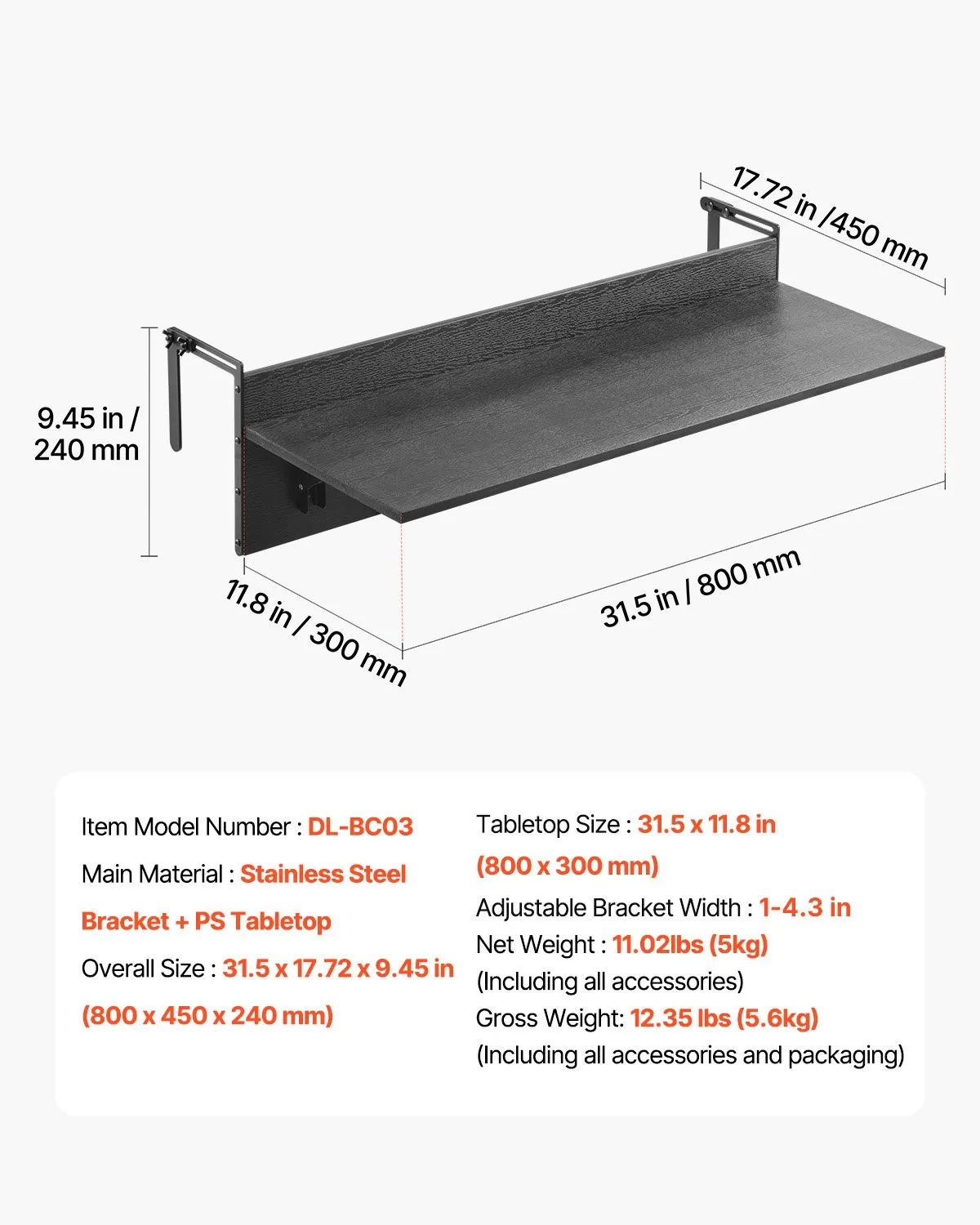Skladací závesný balkónový stôl – na vonkajšie použitie, rozmer 800x300 mm, nosnosť 22 kg, vhodný pre zábradlia od 25,4 do 109,22 mm, servírovací stôl na terasu a verandu – Obrázok 3