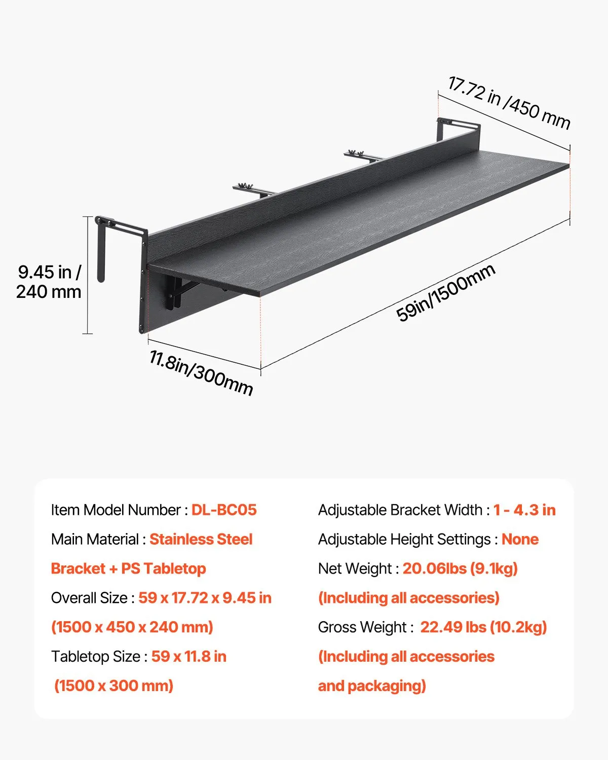 Skladací závesný balkónový stôl – na vonkajšie použitie, rozmer 1500x300 mm, nosnosť 22 kg, vhodný pre zábradlia od 2,54 do 15 cm, servírovací stôl na terasu a verandu – Obrázok 4