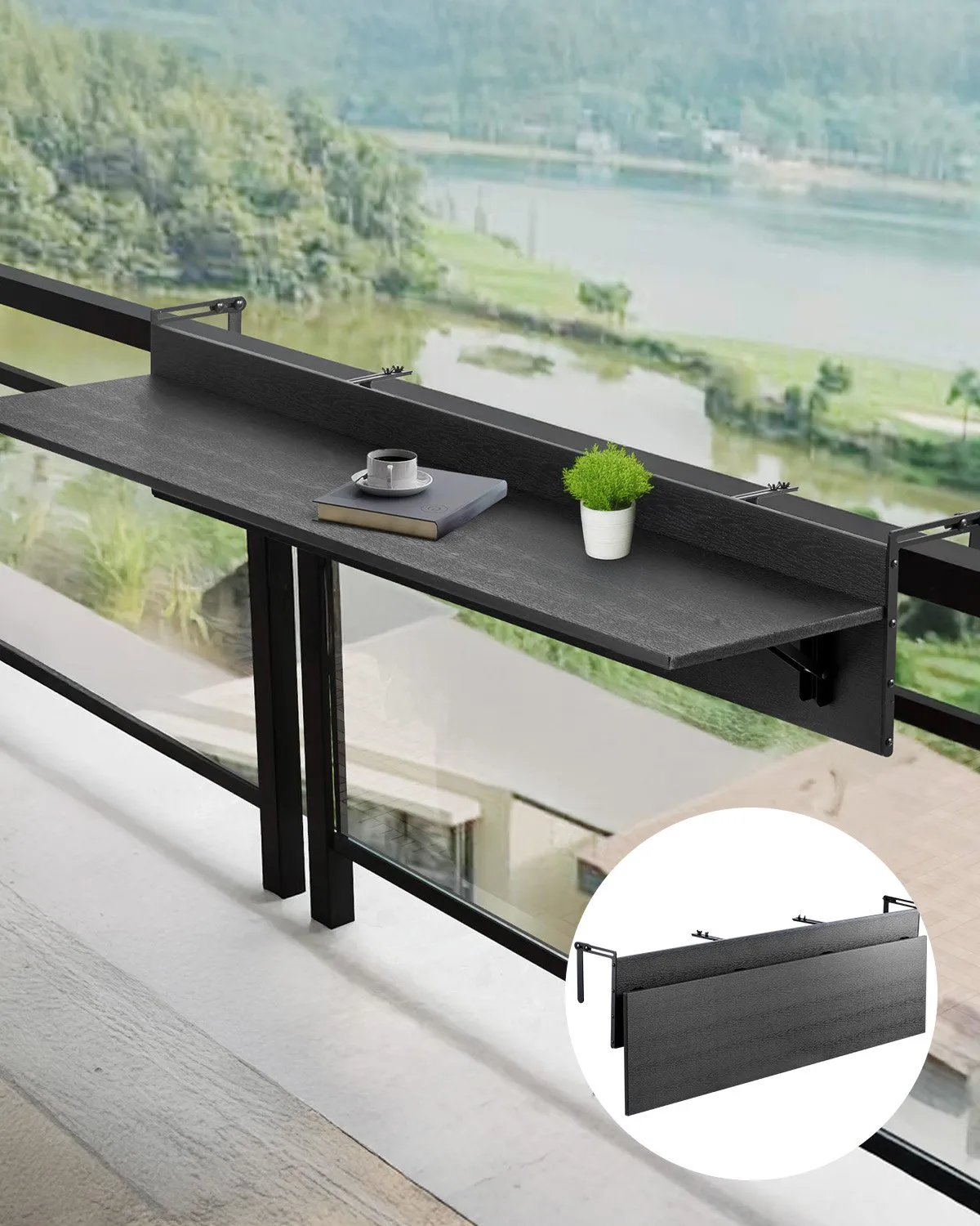 Skladací závesný balkónový stôl – na vonkajšie použitie, rozmer 1500x300 mm, nosnosť 22 kg, vhodný pre zábradlia od 2,54 do 15 cm, servírovací stôl na terasu a verandu – Obrázok 3