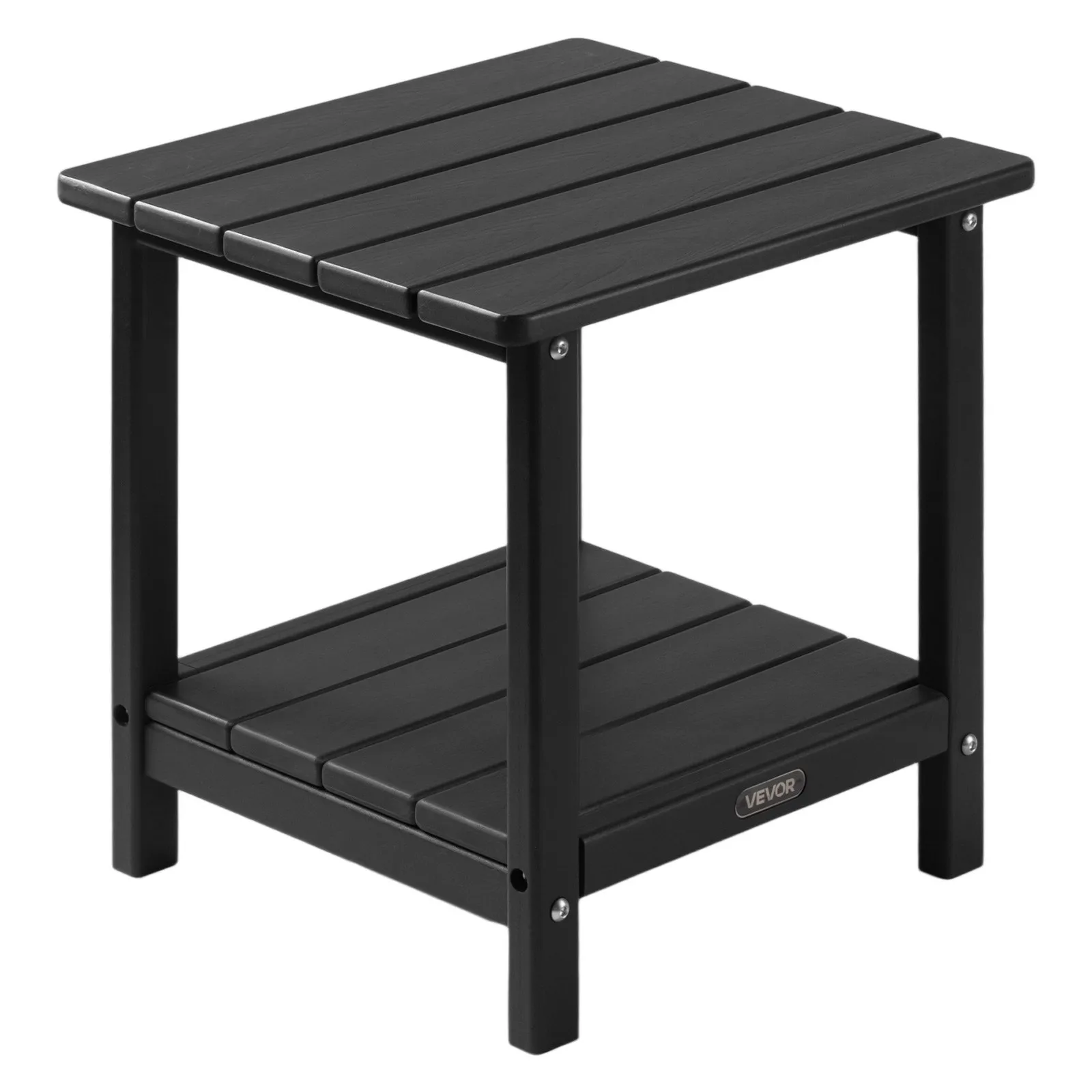 Čierny plastový príručný stolík – záhradný stôl z HDPE, balkónový s 2 policami, nočný, konferenčný alebo dekoratívny stolík, rozmer 45x38x44 cm, vhodný na terasu, k bazénu, na pláž, verandu alebo do záhrady