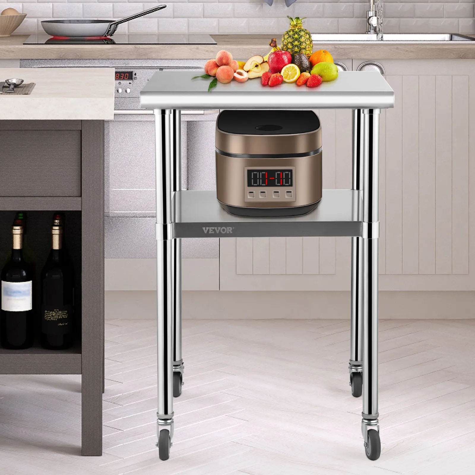 Nerezový pracovný stôl - so 4 kolieskami, otočné kolieska, 3-stranná ochrana proti striekaniu, rozmery 610 x 711 x 762 mm, na prípravu jedla, do reštaurácií – Obrázok 6