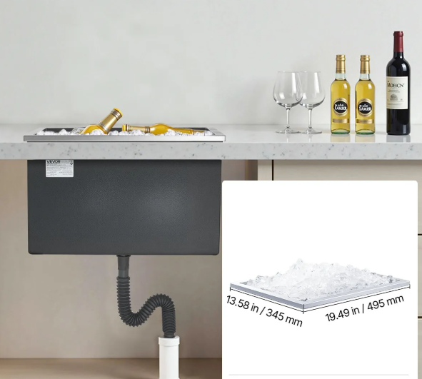 Nerezová nádoba na ľad - 30 l, komerčný vkladací chladiaci box, 508 x 355 x 342 mm, s vekom, na vonkajšie použitie, na studené víno a pivo, vrátane sady odtokových rúrok – Obrázok 3