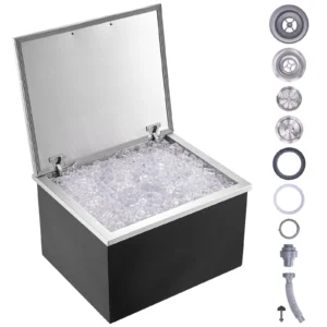 Nerezová nádoba na ľad - 82,6 l, chladič ľadu, 710 x 406 x 437 mm, komerčná, s výklopným vekom, vstavaná, vrátane odtokovej rúry a odtokovej zátky