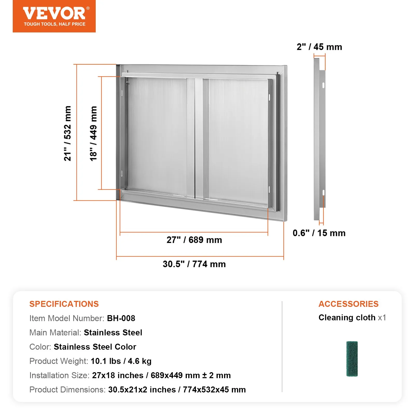 Nerezové prístupové dvierka - dvojité, zapustené, zvislé nástenné, s výsuvnými rukoväťami, rozmery 774 x 532 mm, pre grilovací ostrovček, stanicu a vonkajšiu skrinku – Obrázok 2