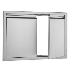 Nerezové prístupové dvierka - dvojité, zapustené, zvislé nástenné, s výsuvnými rukoväťami, rozmery 762 x 532 x 45 mm, pre grilovací ostrovček, stanicu a vonkajšiu skrinku