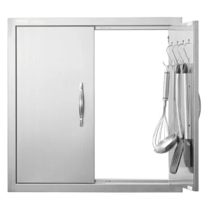 Nerezové prístupové dvierka - dvojité, dvojstenné, zapustené, zvislé, s úchytkami a háčikmi, rozmery 610 x 610 mm, pre grilovací ostrovček, stanicu a vonkajšiu skrinku