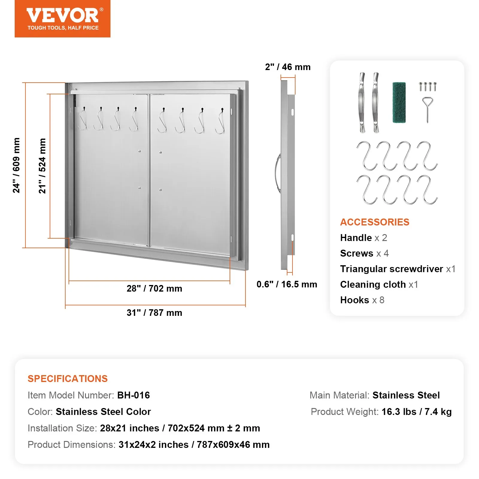 Nerezové prístupové dvierka - dvojité, dvojstenné, zapustené, zvislé, s úchytkami a háčikmi, rozmery 787 x 609 mm, pre grilovací ostrovček, stanicu a vonkajšiu skrinku – Obrázok 3