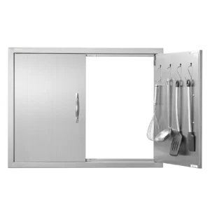 Nerezové prístupové dvierka - dvojité, dvojstenné, zapustené, zvislé, s úchytkami a háčikmi, rozmery 787 x 609 mm, pre grilovací ostrovček, stanicu a vonkajšiu skrinku
