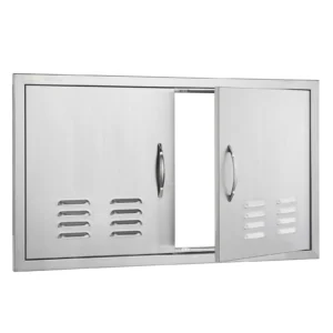 Nerezové prístupové dvierka - dvojité, zapustené, zvislé nástenné, s úchytkami a vetracími otvormi, rozmery 914 x 534 mm, pre grilovací ostrovček, stanicu a vonkajšiu skrinku