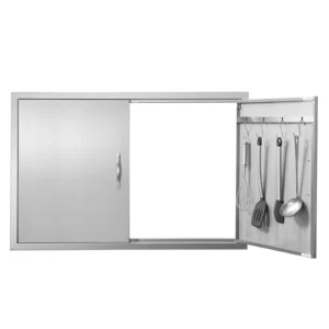 Nerezové prístupové dvierka - dvojité, zapustené, zvislé nástenné, s úchytkami a háčikmi, rozmery 990 x 660 mm, pre grilovací ostrovček, stanicu a vonkajšiu skrinku