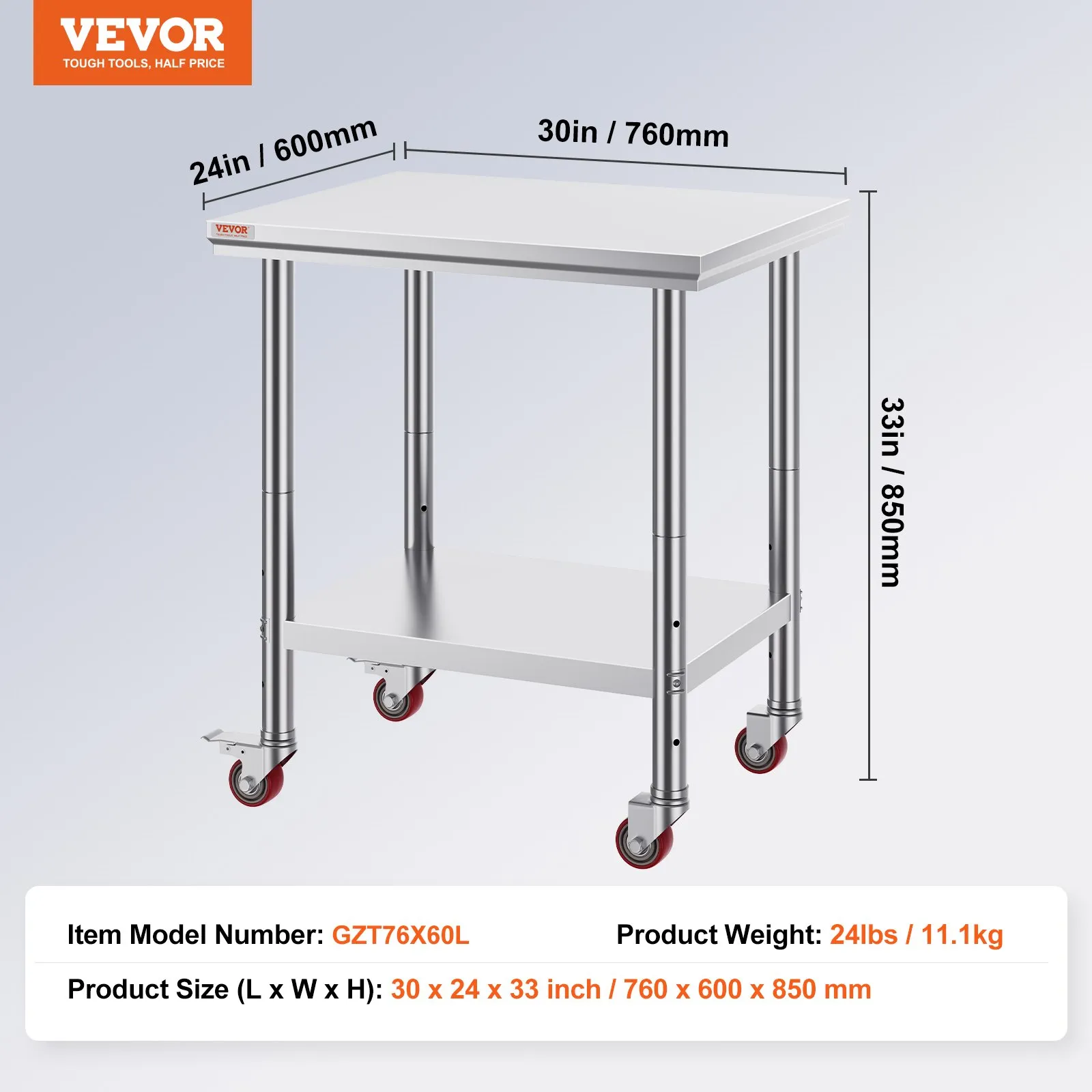 Nerezový pracovný stôl - cateringový, s presahom, mobilný, rozmery 76 x 60 x 85 cm, nosnosť 317 kg, komerčný kuchynský k baru – Obrázok 4