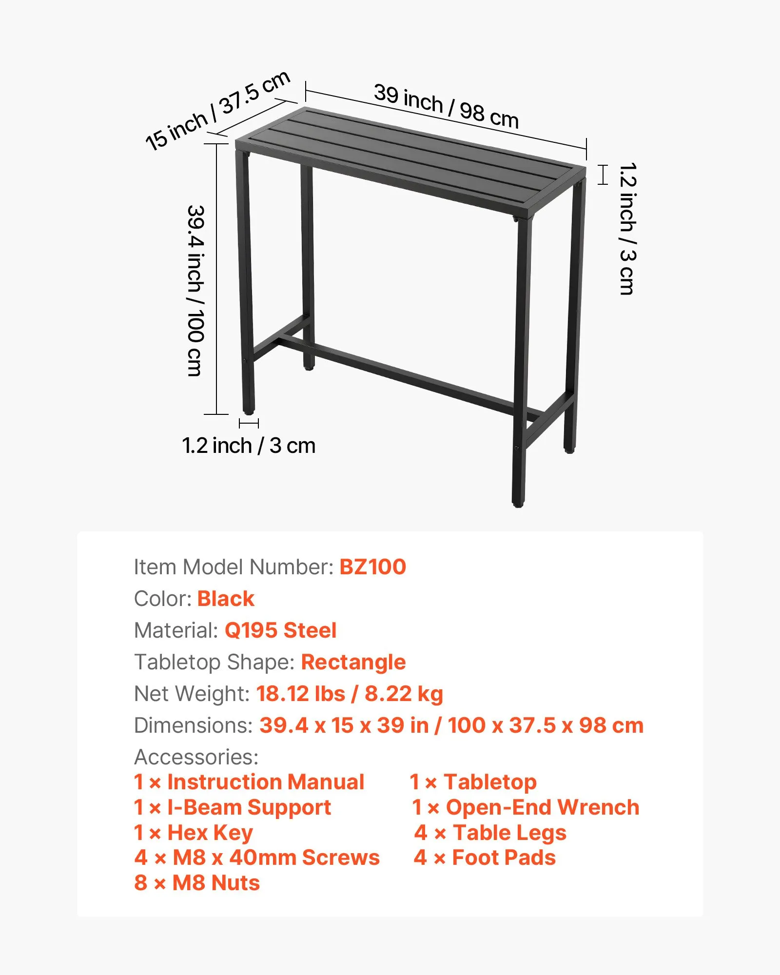 Obdĺžnikový barový stôl – bistro stôl na stojato, kuchynský, pultový alebo párty stôl s kovovým rámom, rozmer 1000 x 375 x 980 mm, záhradný nábytok na balkón, záhradu alebo k bazénu – Obrázok 3