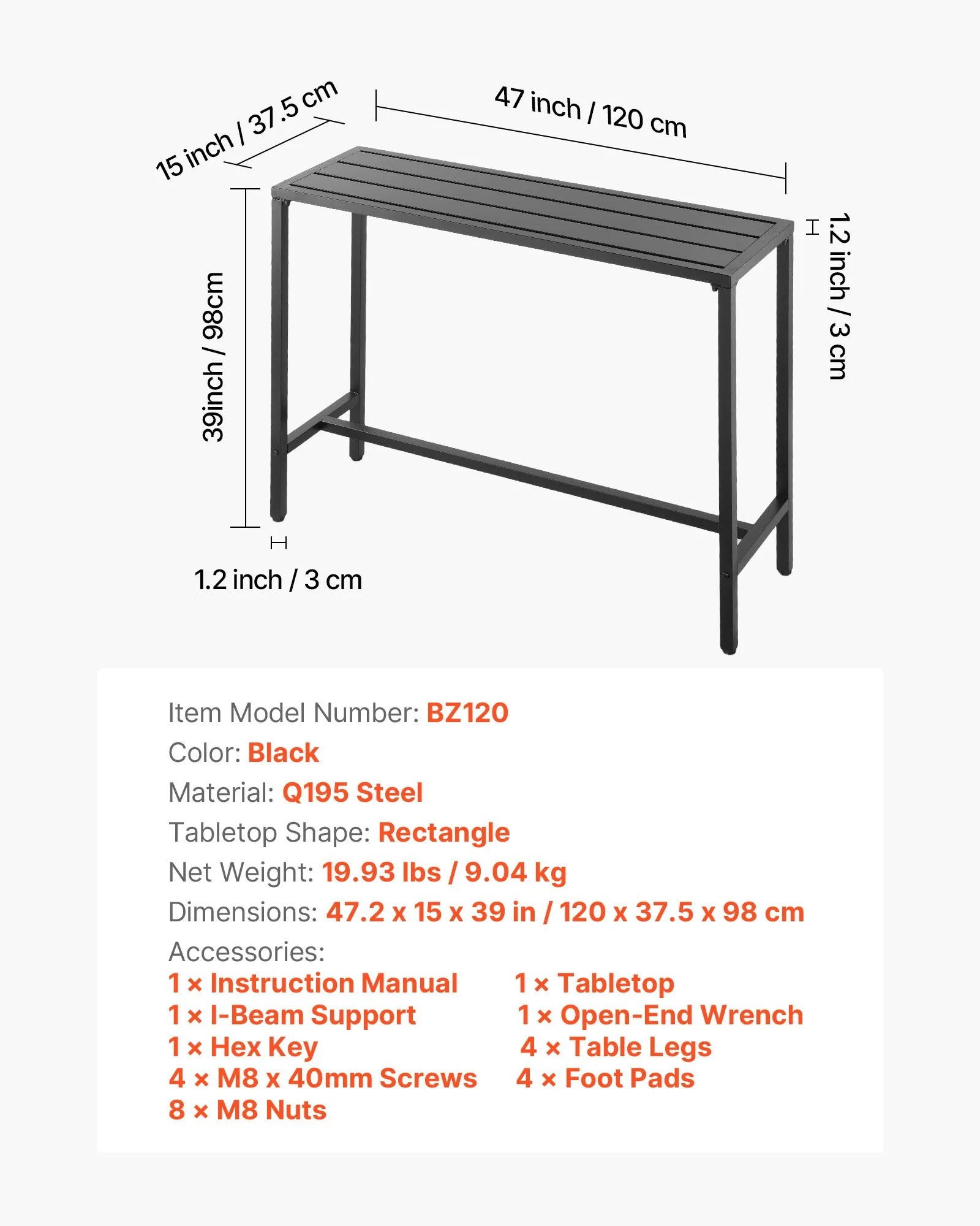 Obdĺžnikový barový stôl – bistro stôl na stojato, kuchynský, pultový alebo párty stôl s kovovým rámom, rozmer 1200 x 375 x 980 mm, záhradný nábytok na balkón, záhradu alebo k bazénu – Obrázok 3