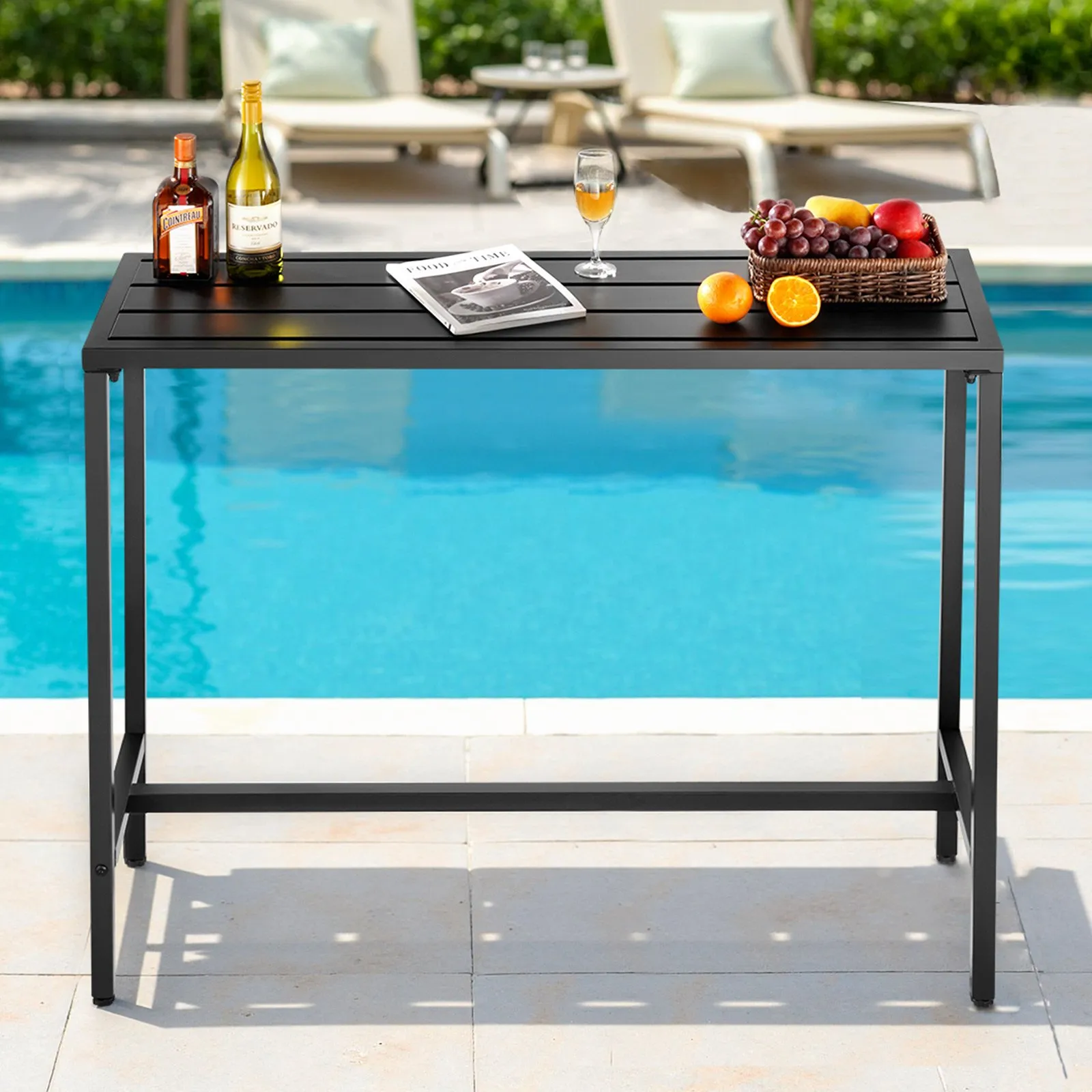 Obdĺžnikový barový stôl – bistro stôl na stojato, kuchynský, pultový alebo párty stôl s kovovým rámom, rozmer 1200 x 375 x 980 mm, záhradný nábytok na balkón, záhradu alebo k bazénu – Obrázok 2
