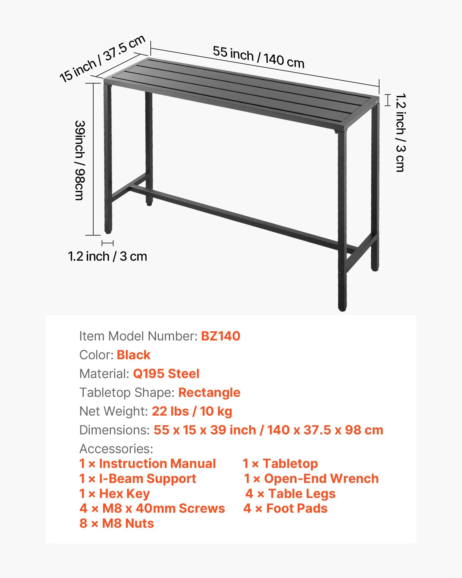 Obdĺžnikový barový stôl – bistro stôl na stojato, kuchynský, pultový alebo párty stôl s kovovým rámom, rozmer 1400 x 375 x 980 mm, záhradný nábytok na balkón, záhradu alebo k bazénu – Obrázok 3