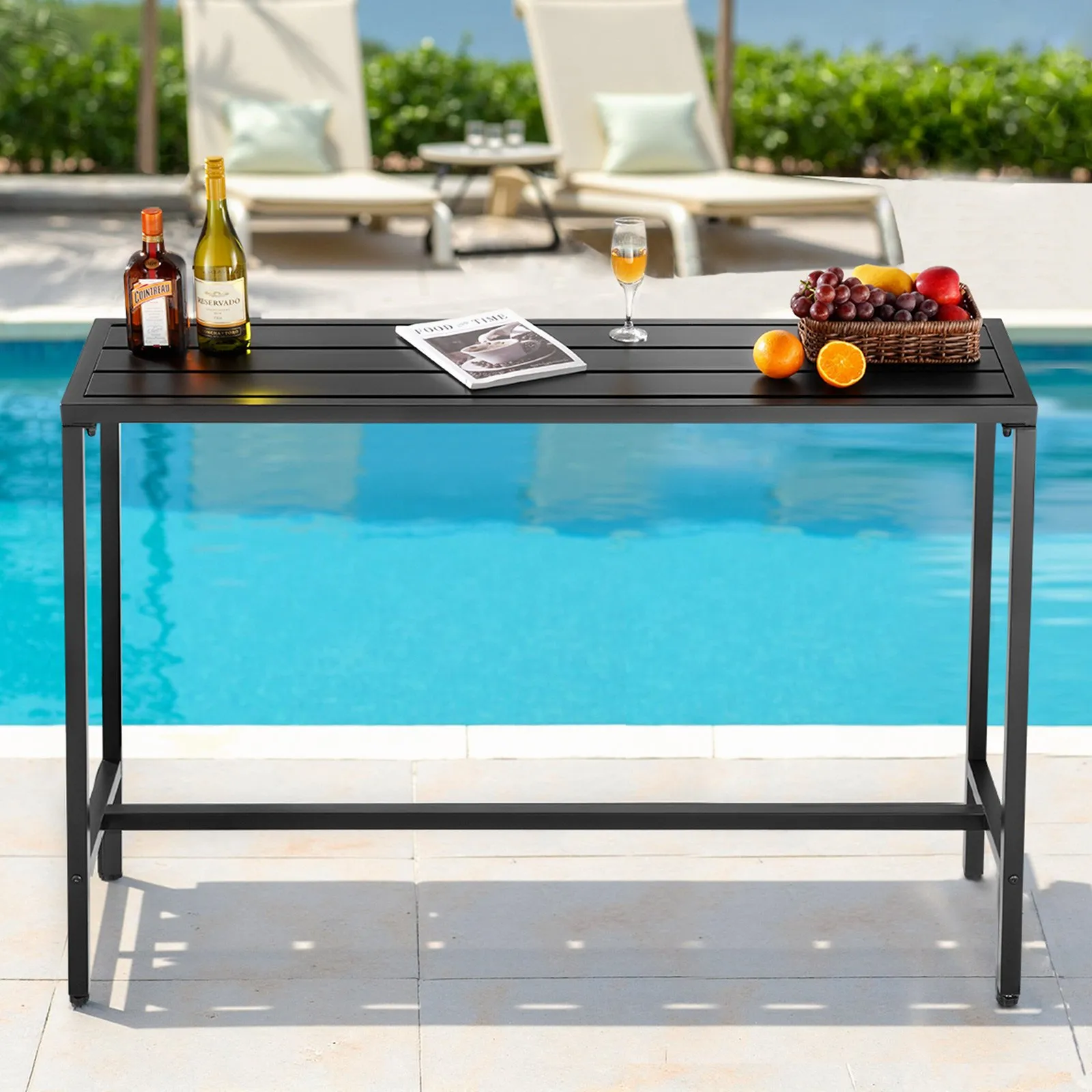 Obdĺžnikový barový stôl – bistro stôl na stojato, kuchynský, pultový alebo párty stôl s kovovým rámom, rozmer 1400 x 375 x 980 mm, záhradný nábytok na balkón, záhradu alebo k bazénu – Obrázok 2