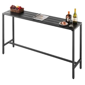 Obdĺžnikový barový stôl VEVOR – bistro stôl na stojato, kuchynský, pultový alebo párty stôl s kovovým rámom, rozmer 1600 x 375 x 980 mm, záhradný nábytok na balkón, záhradu alebo k bazénu