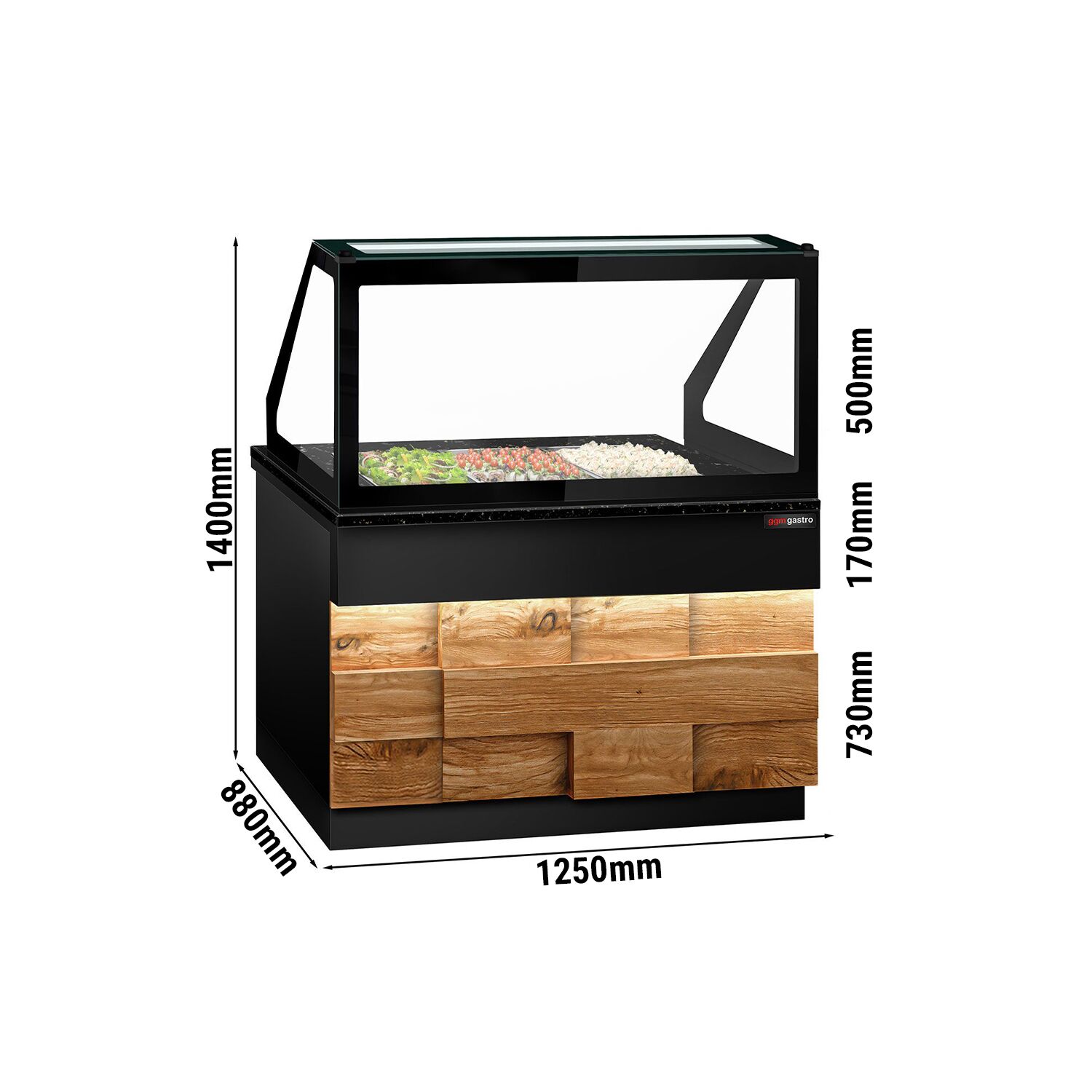 Chladiaca saladeta TORONTO — šírka 1250 mm, drevený front, 2x dvierka, žulová pracovná doska (čierna), pre 3x GN 1/1 – Obrázok 3