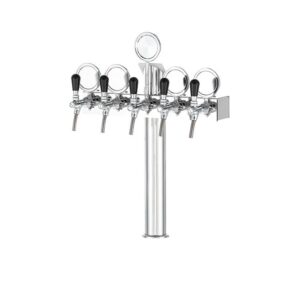 Výčapný stojan na pivo – model T-5, tvar T, 5-kohútový, povrchová úprava chróm, s držiakmi na plakety