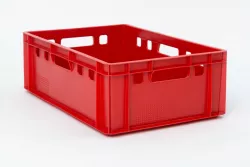 Mäsiarska plastová prepravka – normovaný typ E2, červená farba, rozmery 600x400x200 mm