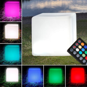 Svietiaca LED sedacia kocka – PARADISE, rozmer 30 x 30 cm, RGB podsvietenie, akumulátorová, diaľkové ovládanie