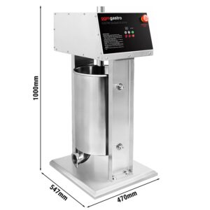 Nerezová elektrická plnička klobás – stroj na churros, objem 30 litrov, výkon 180 W, 4 plniace trubice, 3 nástavce na churros