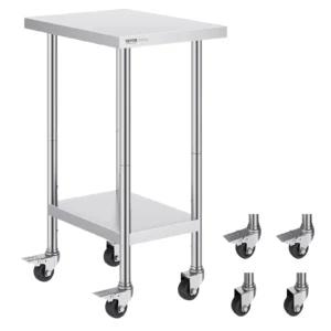 Nerezový pracovný stôl - prípravný, so 4 kolieskami, 3 nastaviteľné výšky, rozmery 610 x 457 x 954,6 mm, nosnosť 290 kg, pre komerčné reštaurácie