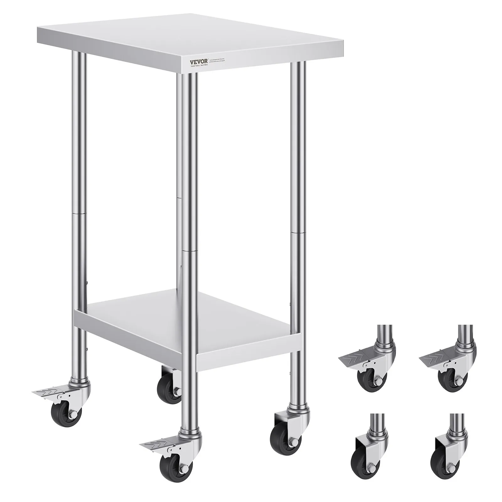 Nerezový pracovný stôl - prípravný, so 4 kolieskami, 3 nastaviteľné výšky, rozmery 610 x 457 x 954,6 mm, nosnosť 290 kg, pre komerčné reštaurácie