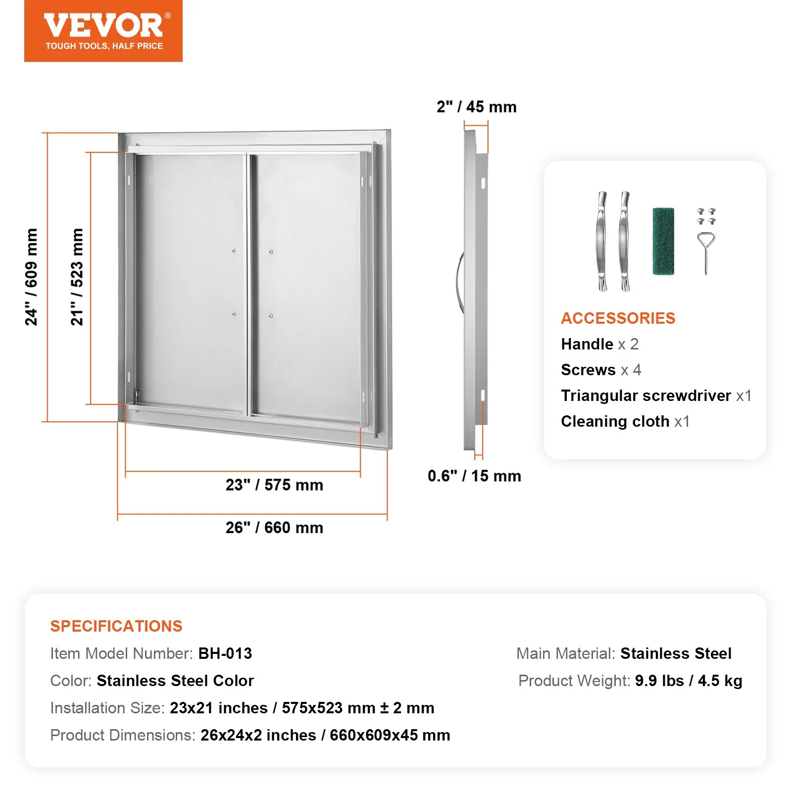 Nerezové prístupové dvierka - dvojité, zapustené, zvislé nástenné, s úchytkami, rozmery 660 x 609 mm, pre grilovací ostrovček, stanicu a vonkajšiu skrinku – Obrázok 2
