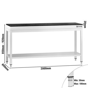 Nerezový stôl – prémiový pracovný, PREMIUM, 2000x800 mm, s poličkou pod kuchynskou linkou, vrátane žulovej pracovnej dosky