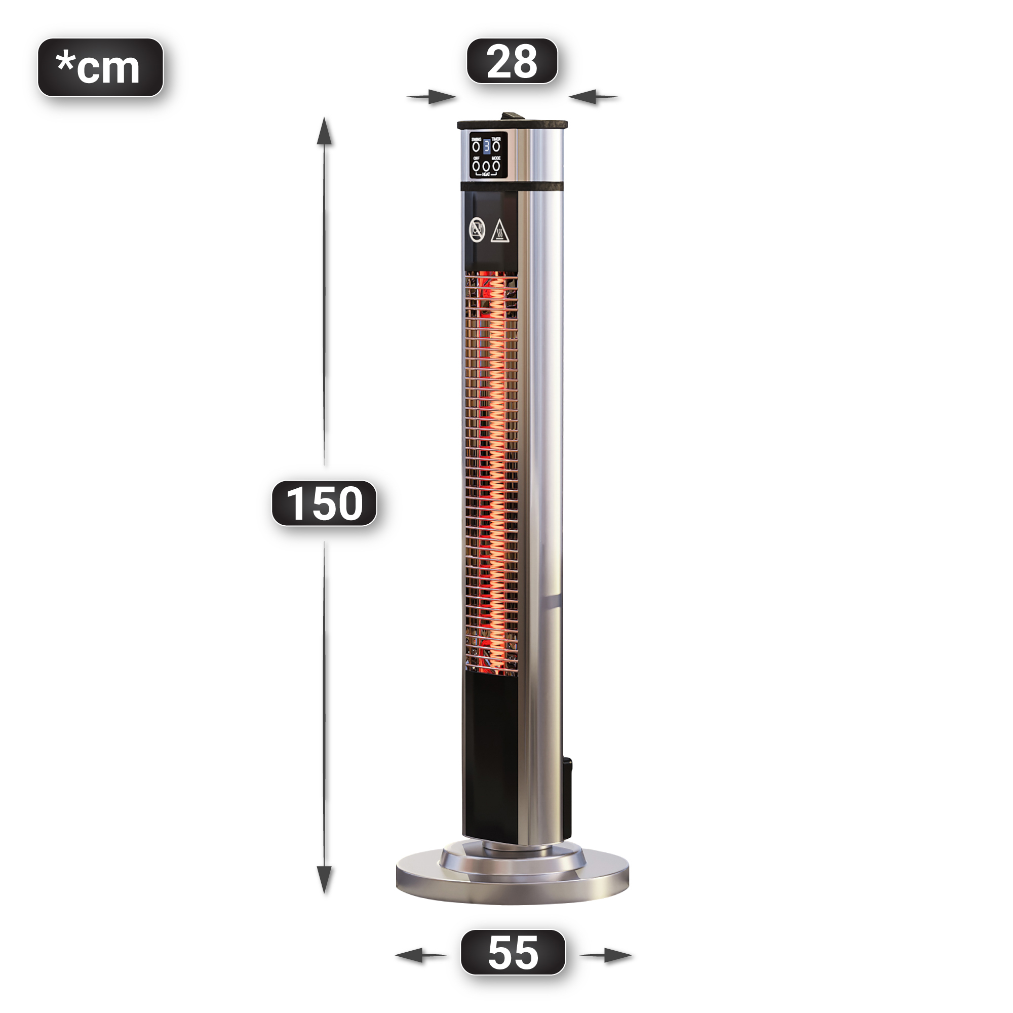 Elektrický voľne stojaci ohrievač – LUCIO, sálavý, nerezová oceľ, výkon 2000 W, 3 stupne ohrevu, výška 148 cm