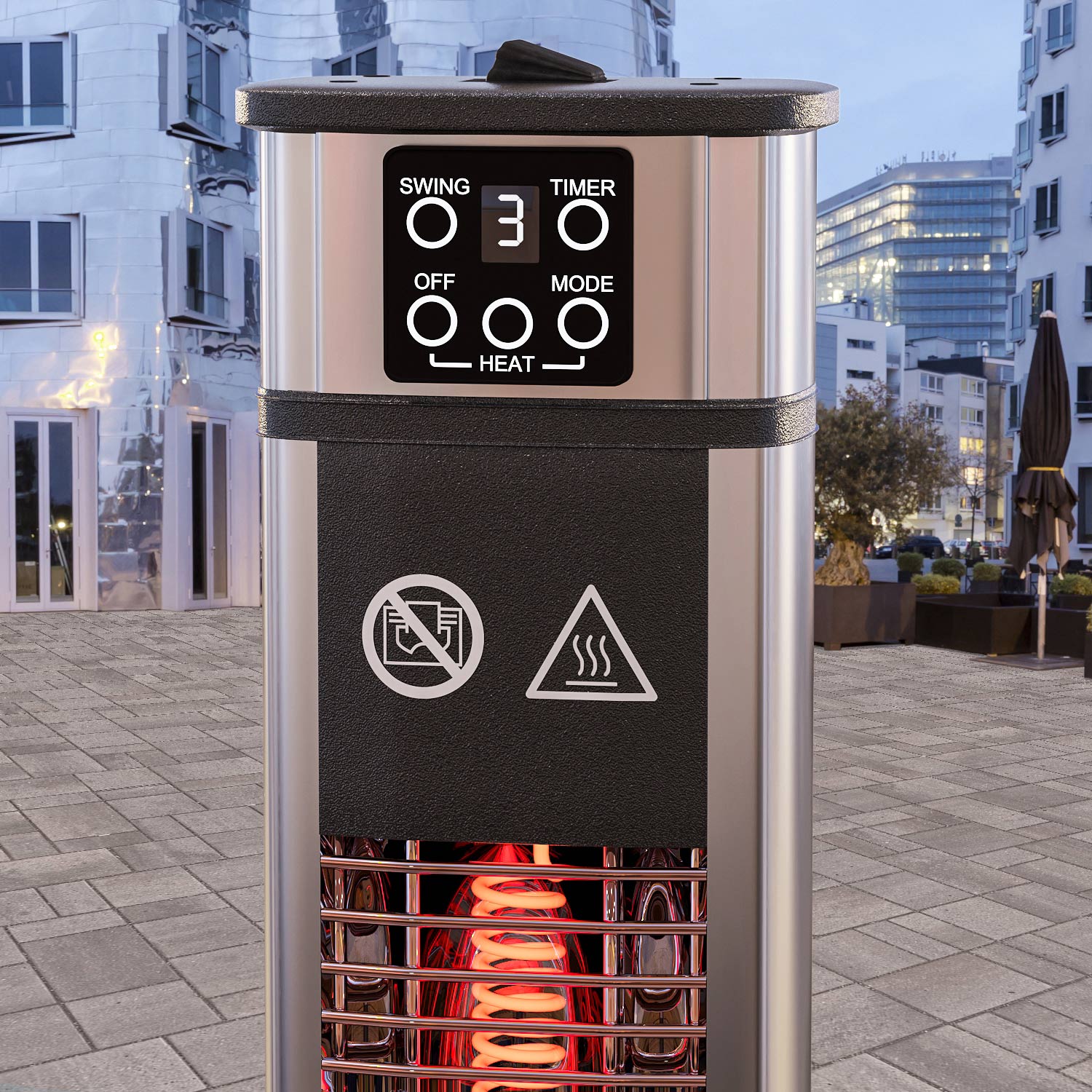Elektrický voľne stojaci ohrievač – LUCIO, sálavý, nerezová oceľ, výkon 2000 W, 3 stupne ohrevu, výška 148 cm – Obrázok 7
