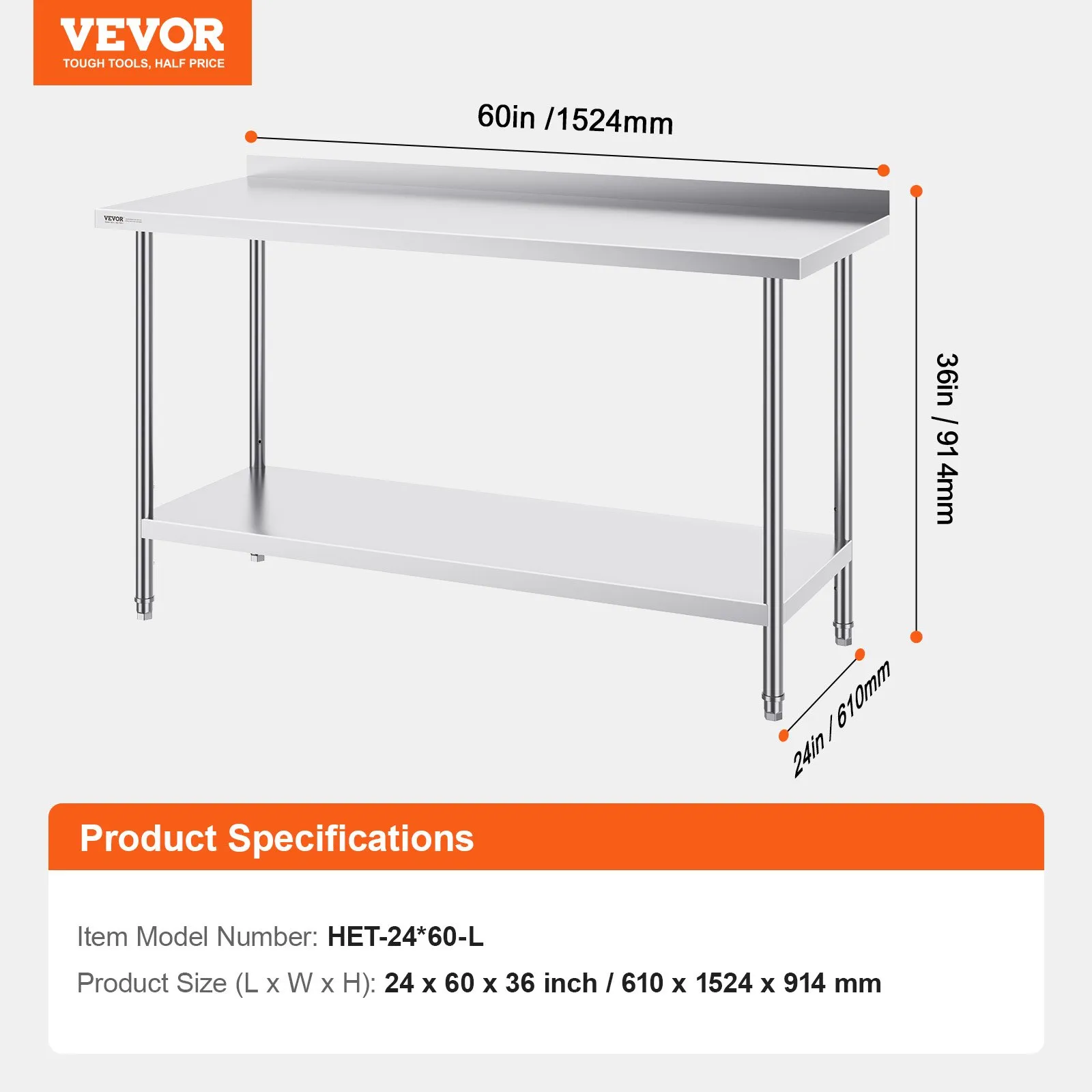 Nerezový pracovný stôl - komerčný, robustný kovový, výškovo nastaviteľný, rozmery 610 x 1524 x 914 mm, pre reštaurácie, domácnosti a hotely – Obrázok 4